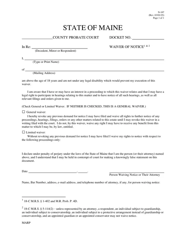 First page of Waiver of Notice