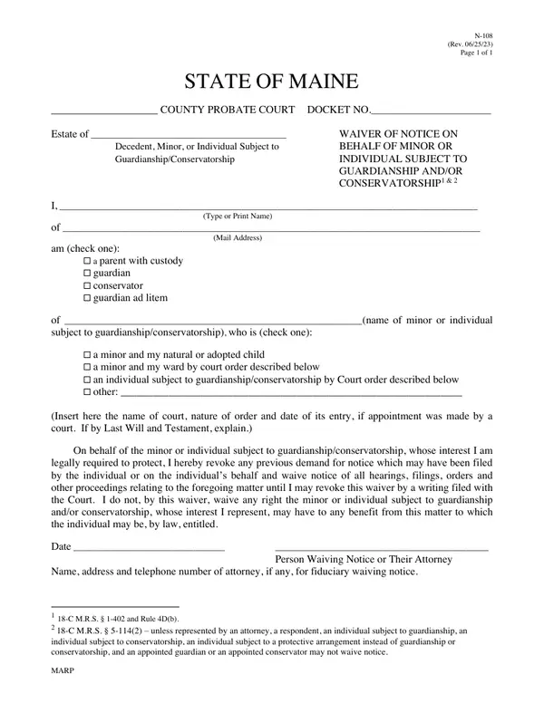 First page of Waiver of Notice on Behalf of Minor or Individual Subject to Guardianship and/or Conservatorship