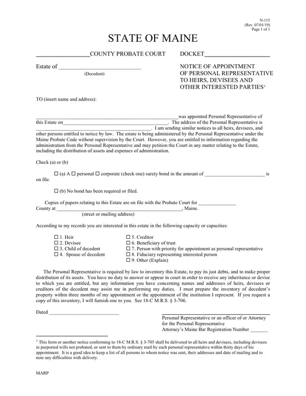 First page of Notice of Appointment of Personal Representative to Heirs, Devisees and Other Interested Parties
