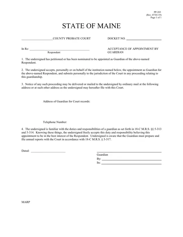 First page of Acceptance of Appointment By Guardian