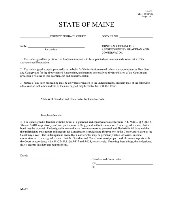 First page of Joined Acceptance of Appointment By Guardian and Conservator