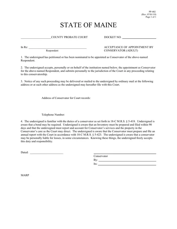 First page of Acceptance of Appointment By Conservator (Adult)