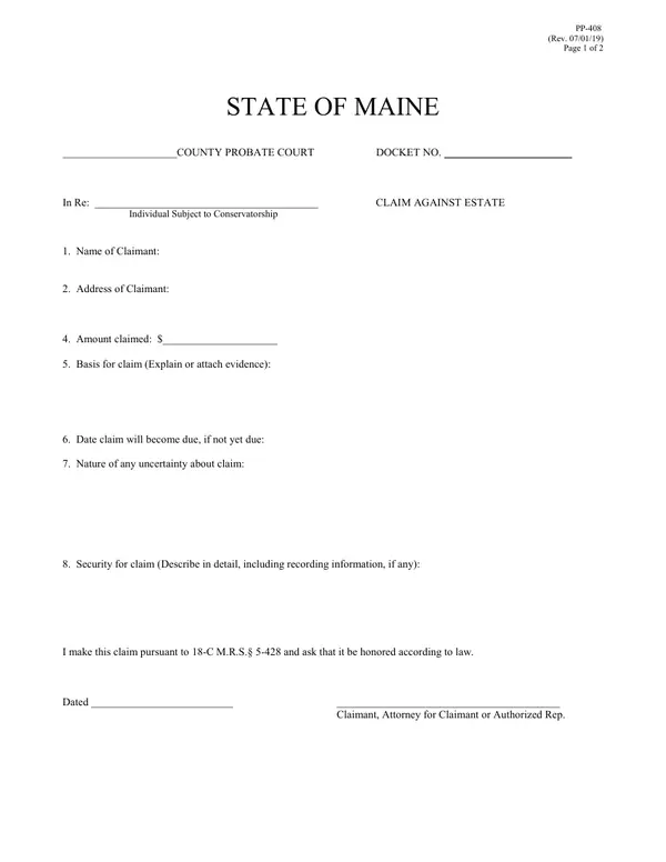 First page of Claim Against Estate