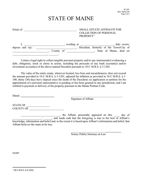 First page of Small Estate Affidavit for Collection of Personal Property