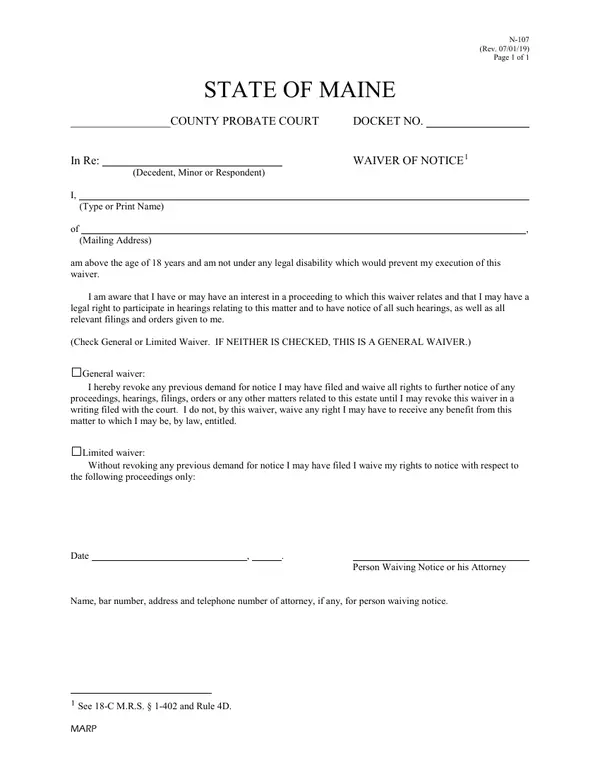 First page of Waiver of Notice