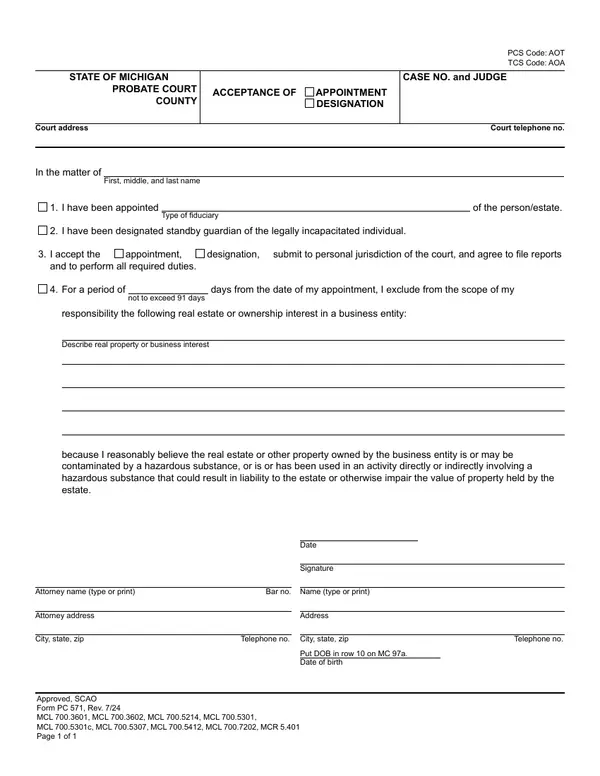 First page of Acceptance of Appointment / Designation