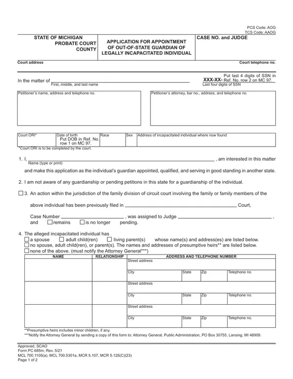 First page of Application for Appointment of Out-of-State Guardian of Legally Incapacitated Individual