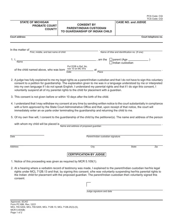 First page of Consent by Parent/Indian Custodian to Guardianship of Indian Child