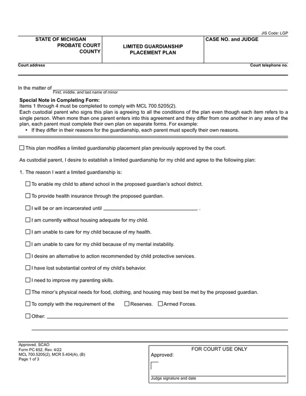 First page of Limited Guardianship Placement Plan
