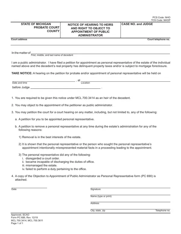 First page of Notice of Hearing to Heirs and Right to Object to Appointment of Public Administrator