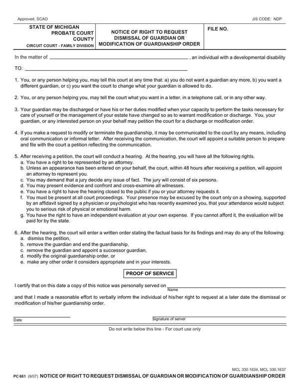 First page of Notice of Right to Request Dismissal of Guardian or Modification of Guardianship Order
