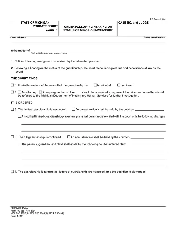 First page of Order Following Hearing on Status of Minor Guardianship