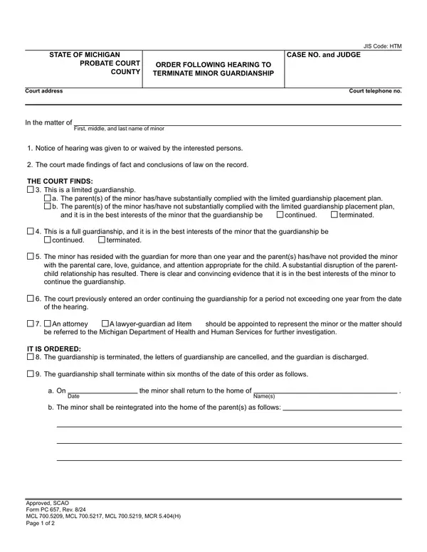 First page of Order Following Hearing to Terminate Minor Guardianship