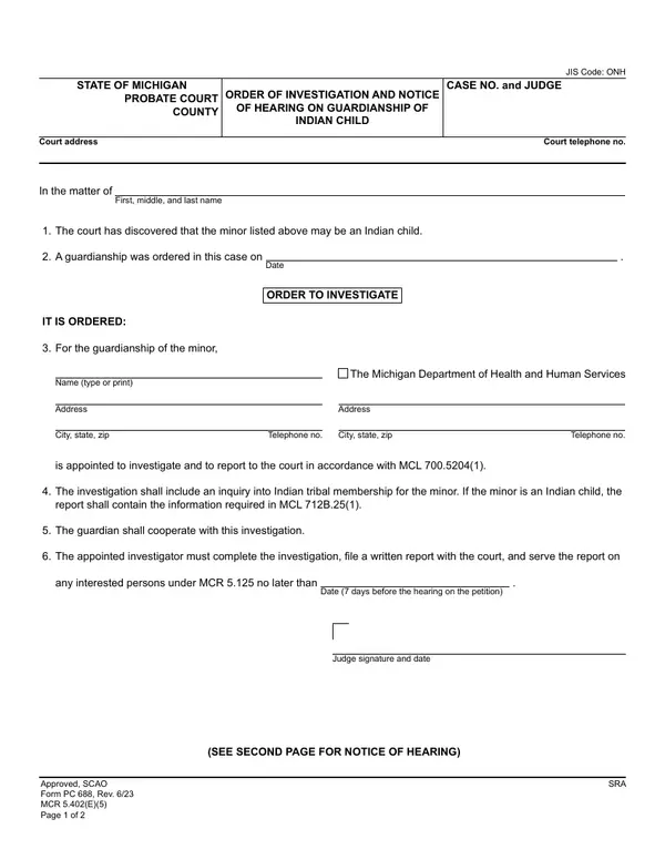 First page of Order of Investigation and Notice of Hearing on Guardianship of Indian Child