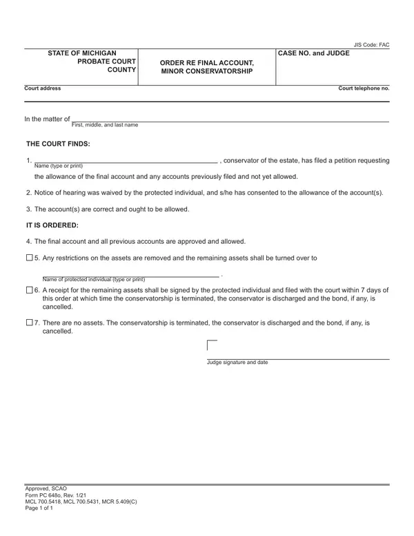 First page of Order Re Final Account, Minor Conservatorship