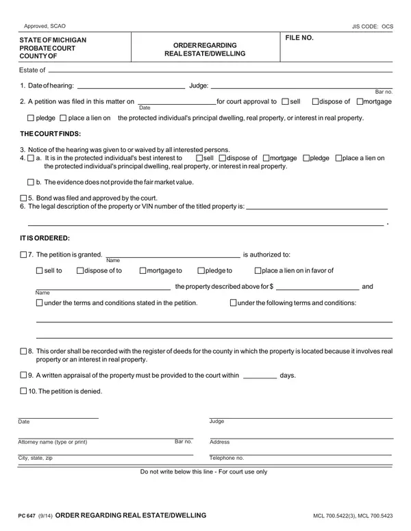 First page of Order Regarding Real Estate/Dwelling