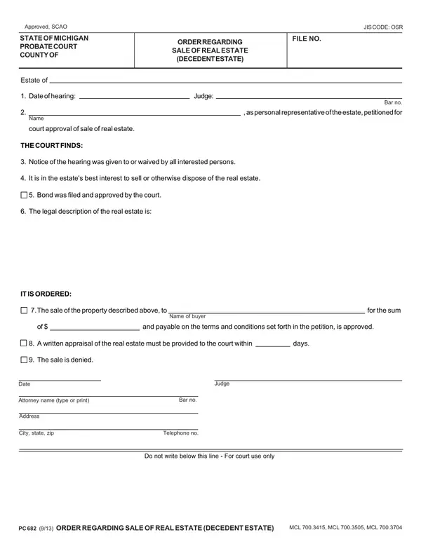 First page of Order Regarding Sale of Real Estate (Decedent Estate)