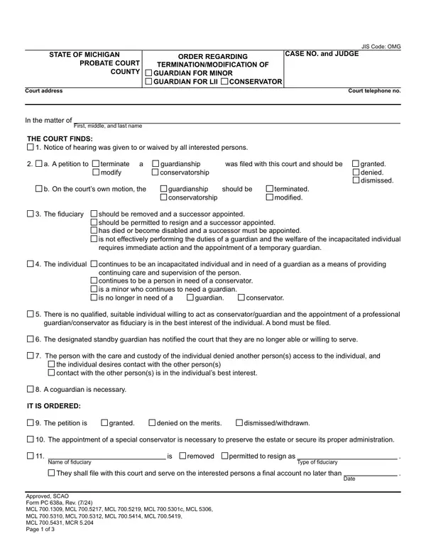 First page of Order Regarding Termination/Modification of Guardian for Minor or Guardian for LII/Conservator