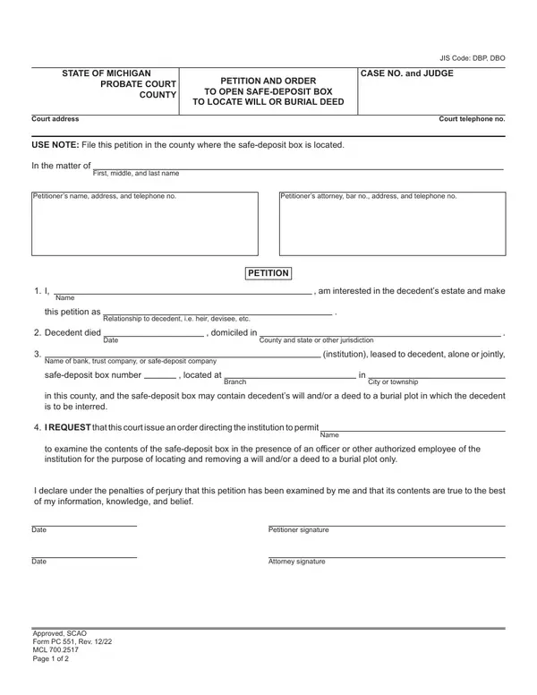 First page of Petition and Order to Open Safe-Deposit Box to Locate Will or Burial Deed