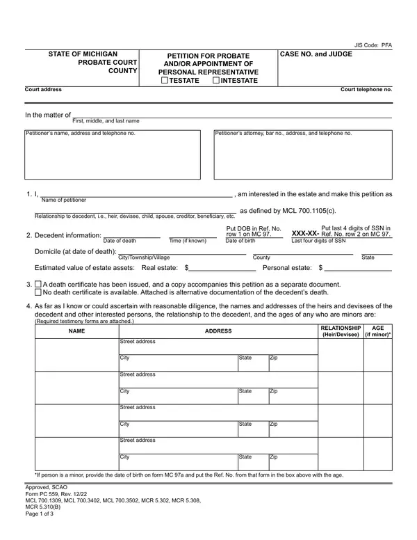 First page of Petition for Probate and/or Appointment of Personal Representative