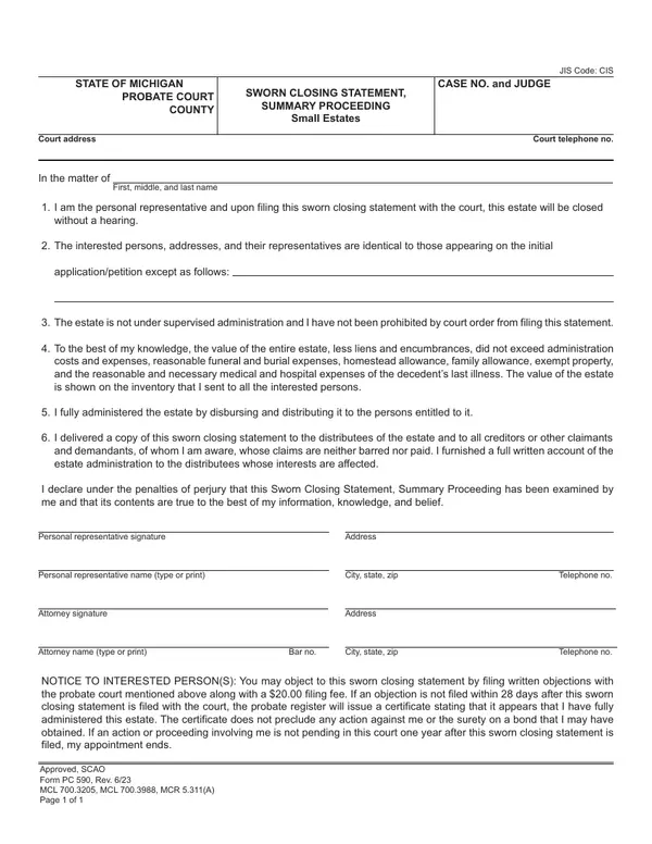 First page of Sworn Closing Statement, Summary Proceeding, Small Estates