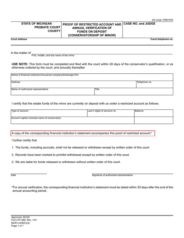 First page of Proof of Restricted Account and Annual Verification of Funds on Deposit (Conservatorship of Minor)