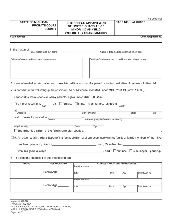 First page of Petition for Appointment of Limited Guardian of Minor Indian Child (Voluntary Guardianship)