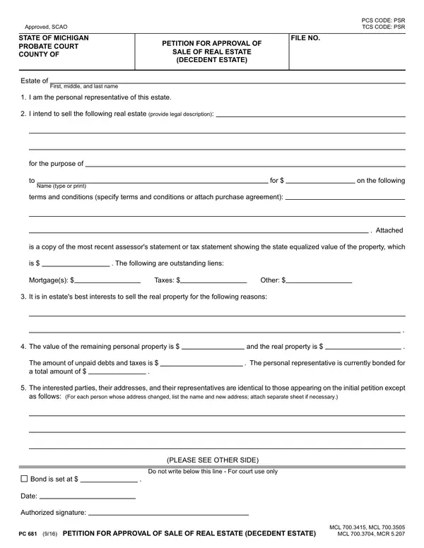 First page of Petition for Approval of Sale of Real Estate (Decedent Estate)