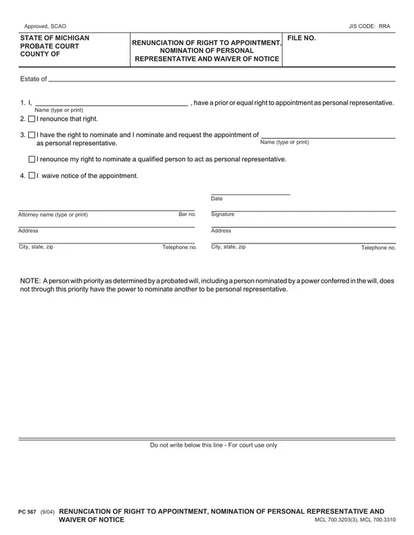First page of Renunciation of Right to Appointment, Nomination of Personal Representative and Waiver of Notice