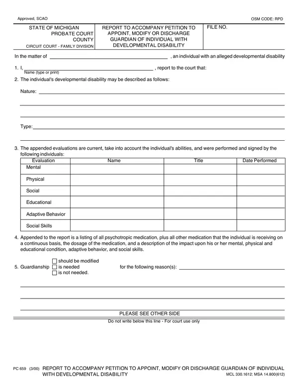 First page of Report to Accompany Petition to Appoint, Modify or Discharge Guardian of Individual with Developmental Disability