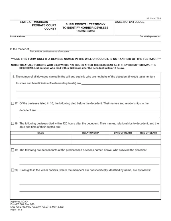 First page of Supplemental Testimony to Identify Nonheir Devisees, Testate Estate
