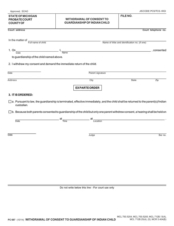 First page of Withdrawal of Consent to Guardianship of Indian Child