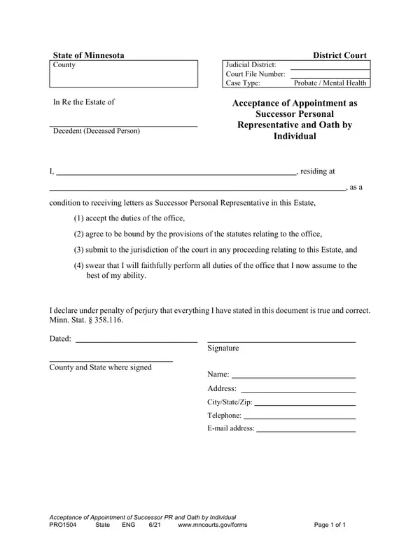 First page of Acceptance of Appointment as Successor Personal Representative and Oath by Individual