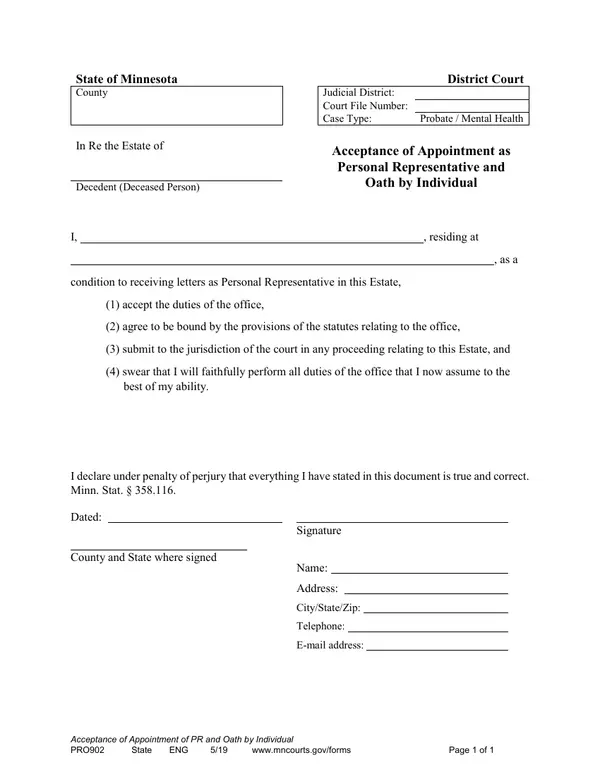 First page of Acceptance of Appointment as Personal Representative and Oath by Individual