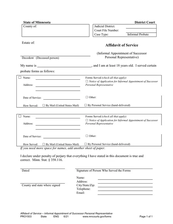 First page of Affidavit of Service – Informal Appointment of Successor Personal Representative