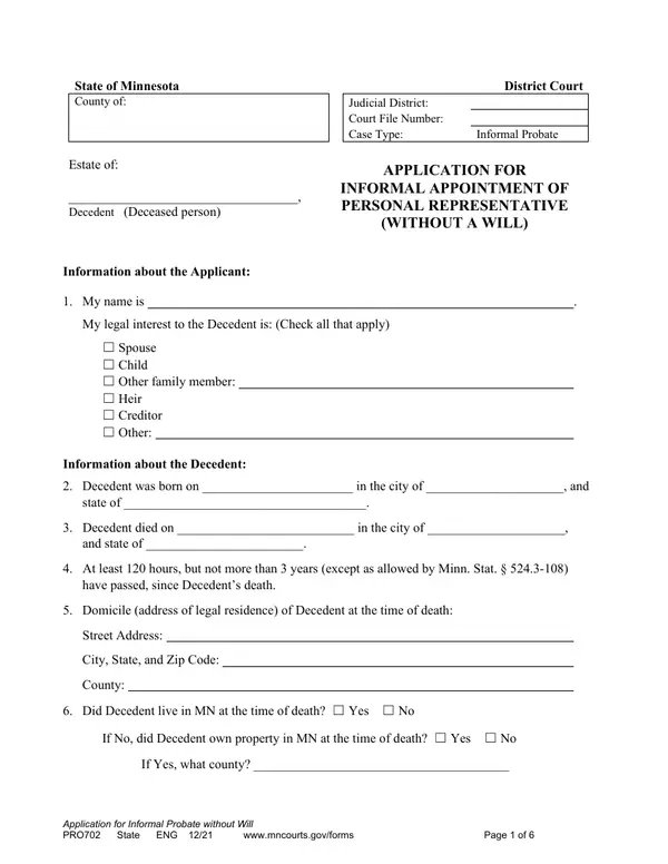 First page of Application for Informal Appointment of Personal Representative (Without a Will)