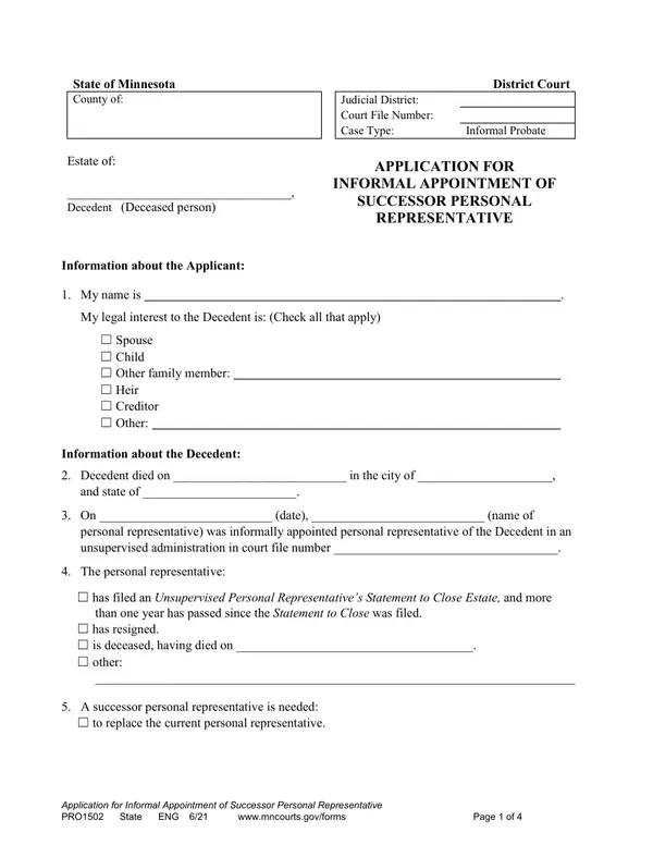 First page of Application for Informal Appointment of Successor Personal Representative