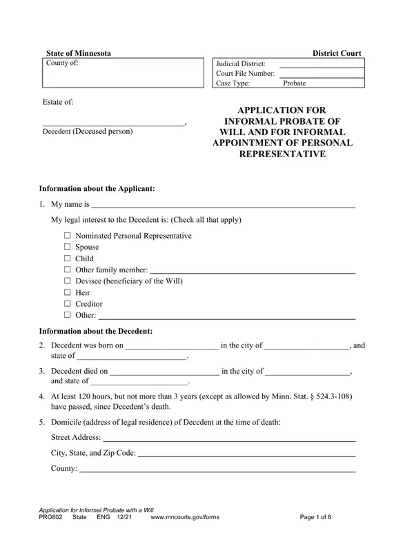 First page of Application for Informal Probate of Will and for Informal Appointment of Personal Representative