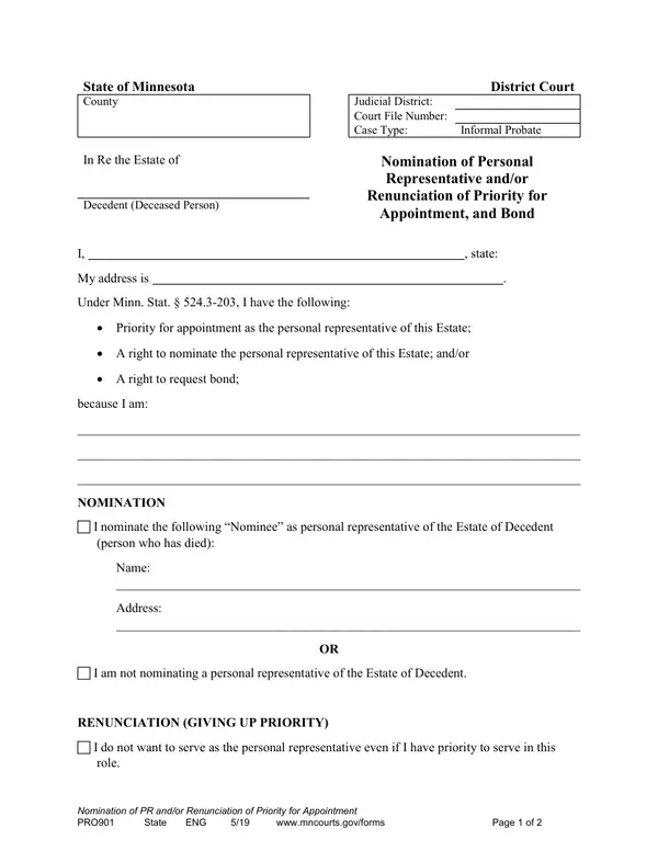 First page of Nomination of Personal Representative and/or Renunciation of Priority for Appointment, and Bond