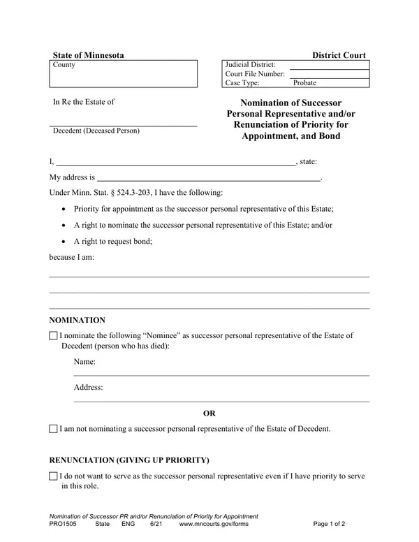 First page of Nomination of Successor Personal Representative and/or Renunciation of Priority for Appointment, and Bond