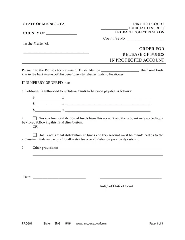 First page of Order for Release of Funds in Protected Account