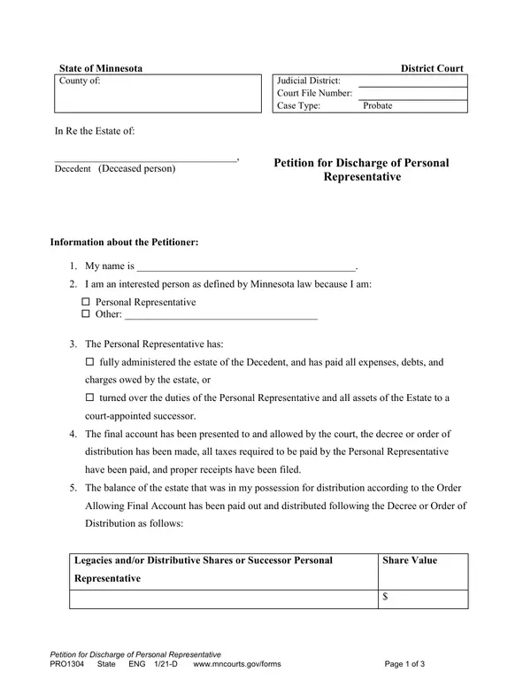 First page of Petition for Discharge of Personal Representative