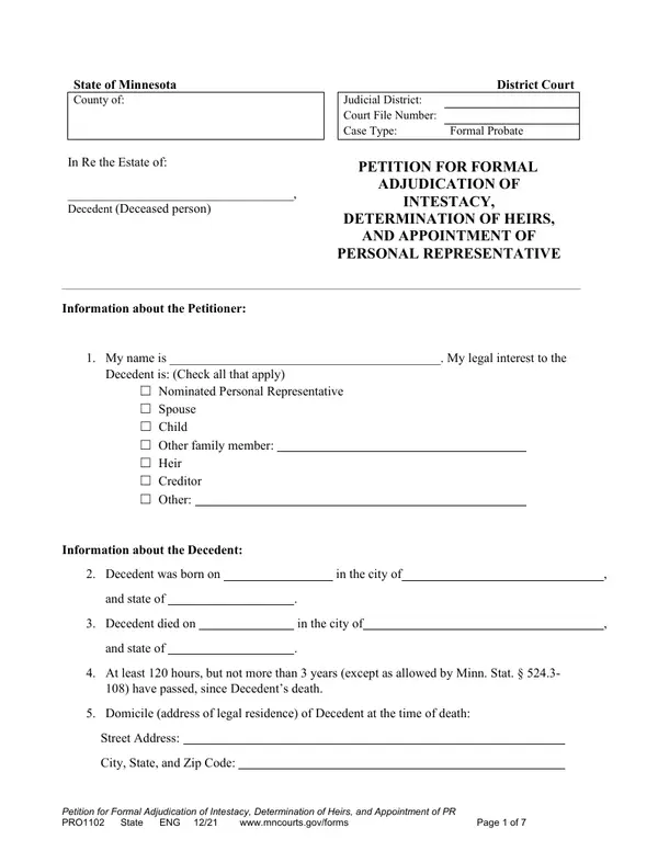 First page of Petition for Formal Adjudication of Intestacy, Determination of Heirs, and Appointment of Personal Representative
