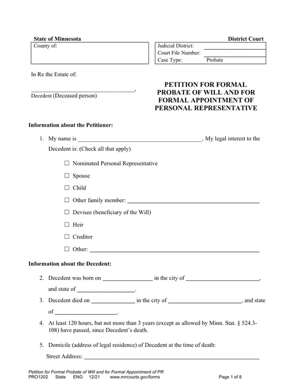 First page of Petition for Formal Probate of Will and for Formal Appointment of Personal Representative