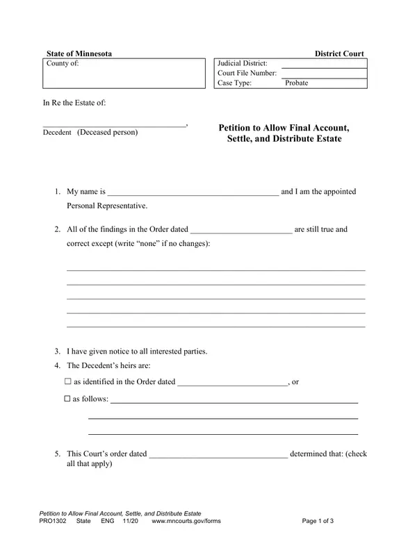 First page of Petition to Allow Final Account, Settle, and Distribute Estate
