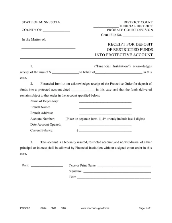 First page of Receipt for Deposit of Restricted Funds into Protective Account
