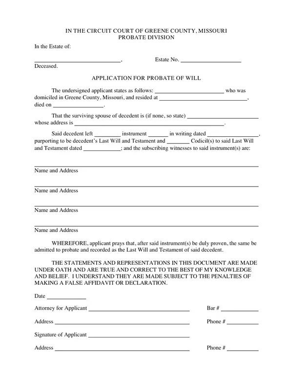 First page of Application for Probate of Will
