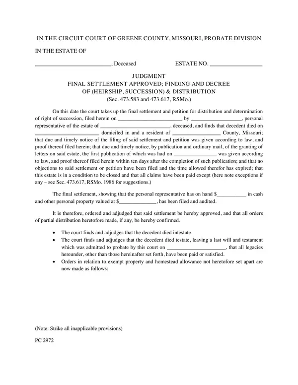 First page of Judgment Final Settlement Approved; Finding and Decree of (Heirship, Succession) & Distribution
