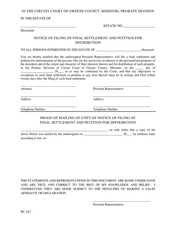 First page of Notice of Filing of Final Settlement and Petition for Distribution