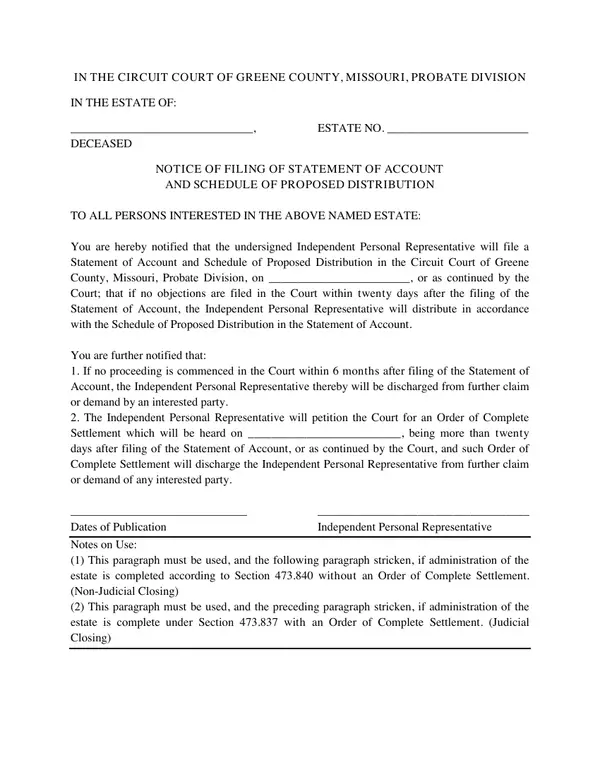 First page of Notice of Filing of Statement of Account and Schedule of Proposed Distribution
